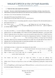 English Worksheet: Malalas Speech at the UN Conference