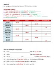 English Worksheet: Asking for information - Train Times communication activity with comparatives