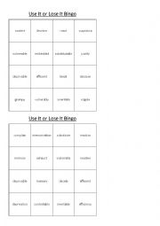 English Worksheet: Use it or Lose it Bingo