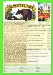 Yellowstone Park - Reading Comprehension + KEY