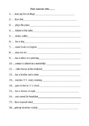 English Worksheet: Find someone who!!