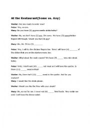English Worksheet: Some vs. Any at the resturant