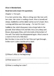 English Worksheet: Alice in Wonderland - comprehension questions- chapter 1 - part 1
