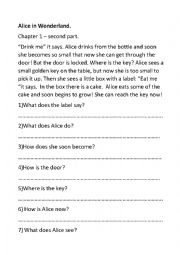 English Worksheet: Alice in Wonderland - comprehension questions- chapter 1 - part 2