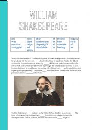 WILLIAM SHAKESPEARE READING PASSAGE VOCABULARY PREPOSITION GRAMMAR GAP FILLING