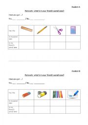 English Worksheet: pairwork Whats in your pencilcase?