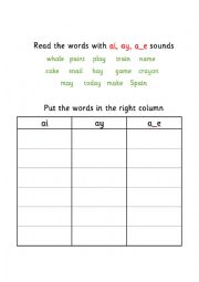 English Worksheet: Phonics diagraphs ai, ay a_e