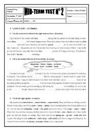 English Worksheet: 2017 / 2018 9th Form Mid-Term Test 2