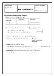 English Worksheet: mid-term test N1 (First form)