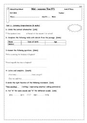 English Worksheet: mid semester test n1