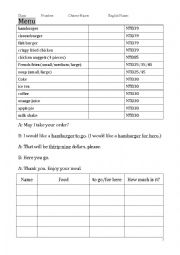 English Worksheet: At the restaurant : dialogue practice