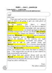 English Worksheet: a letter of advice (generation gap)