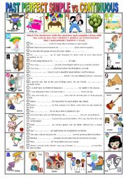 English Worksheet: PAST PERFECT SIMPLE vs CONTINUOUS -  Pictionary + Exercises + KEY+ teachers extras