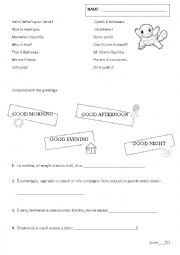 English Worksheet: Revision on Greetings + Exercise on Self Introduction