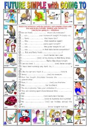 English Worksheet: FUTURE SIMPLE with GOING TO -  Pictionary + Exercises + KEY + teachers extras 