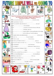 English Worksheet: FUTURE SIMPLE WILL vs GOING TO -  Pictionary + Exercises + KEY + teacher�s extras 