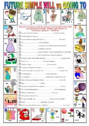 English Worksheet: FUTURE SIMPLE WILL vs GOING TO -  Pictionary + Exercises + KEY + teachers extras 