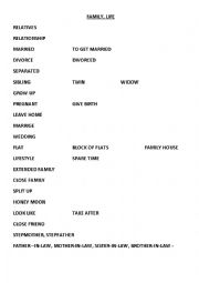 English Worksheet: Vocabulary bank to talk about family, relationships, life