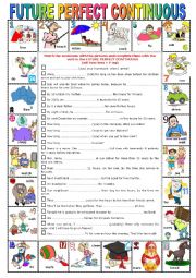 English Worksheet: FUTURE PERFECT CONTINUOUS -  Pictionary + Exercises + KEY + teacher�s extras  