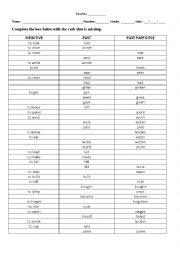 English Worksheet: IRREGULAR VERBS CHART