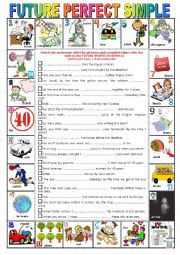 English Worksheet: FUTURE PERFECT SIMPLE -  Pictionary + Exercises + KEY + teachers extras   