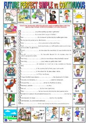 English Worksheet: FUTURE PERFECT SIMPLE vs CONTINUOUS -  Pictionary + Exercises + KEY + teacher�s extras  