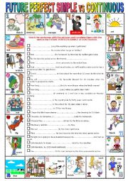 English Worksheet: FUTURE PERFECT SIMPLE vs CONTINUOUS -  Pictionary + Exercises + KEY + teachers extras  