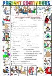English Worksheet: PRESENT CONTINUOUS  -  Pictionary + Exercises + KEY + teachers extras.