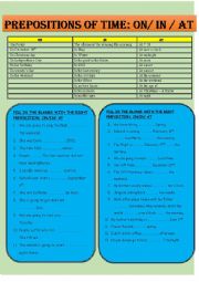 English Worksheet: PREPOSITIONS OF TIME: ON / IN / AT