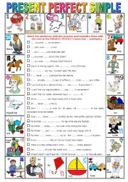 English Worksheet: PRESENT PERFECT  SIMPLE -  Pictionary + Exercises + KEY + teachers extras 