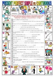 PRESENT PERFECT SIMPLE VS CONTINUOUS -  Pictionary + Exercises + KEY + teachers extras 