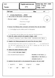 English Worksheet: Mid Term Test 1   4th Form Arts