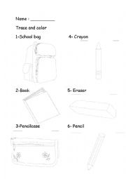 English Worksheet: clasroom objects trace and color 