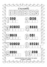 English Worksheet: Unscramble Numbers 1-10