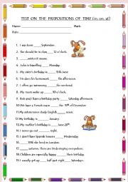 English Worksheet: test: prepositions of time