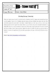 English Worksheet: 2017 / 2018 9th Form Mid-Term Test 1