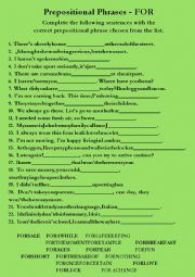 English Worksheet: Prepositional Phrases with FOR