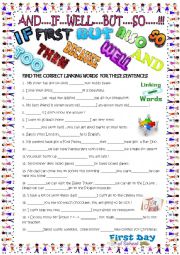 English Worksheet: Linking words /gap filler with key