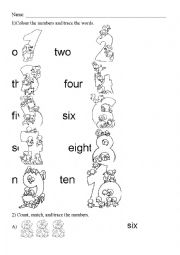English Worksheet: Numbers from 1 to 10. Count, trace and colour.