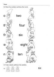 Numbers from 1 to 10. Count, trace and colour.