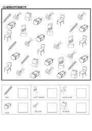 English Worksheet: count and color the classroom objects