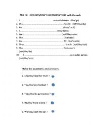 English Worksheet: LIKE + verb+ing