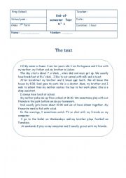 English Worksheet: End of semester test 7th form