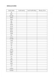 Irregular verbs table for filling