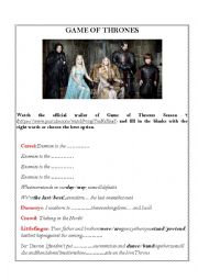 English Worksheet: GAME OF THRONES