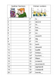 English Worksheet: CARDINAL NUMBERS VERSUS ORDINAL TO COMPLETE