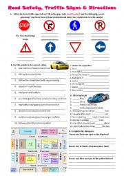 English Worksheet: Road safety, traffic signs, prepositions and directions