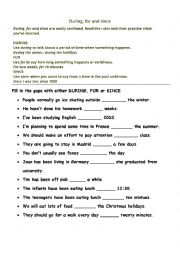 English Worksheet: During, For or Since Gap Fill and explanation