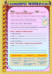 English Worksheet: Express preferences using prefer,like, d prefer....