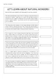 English Worksheet: Natural Wonders- Past Simple and Past Conitunous